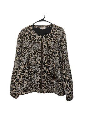 Calvin Klein Womens Leopard Print Zip-Up Jacket Size XL Lined Gold Zip Pockets